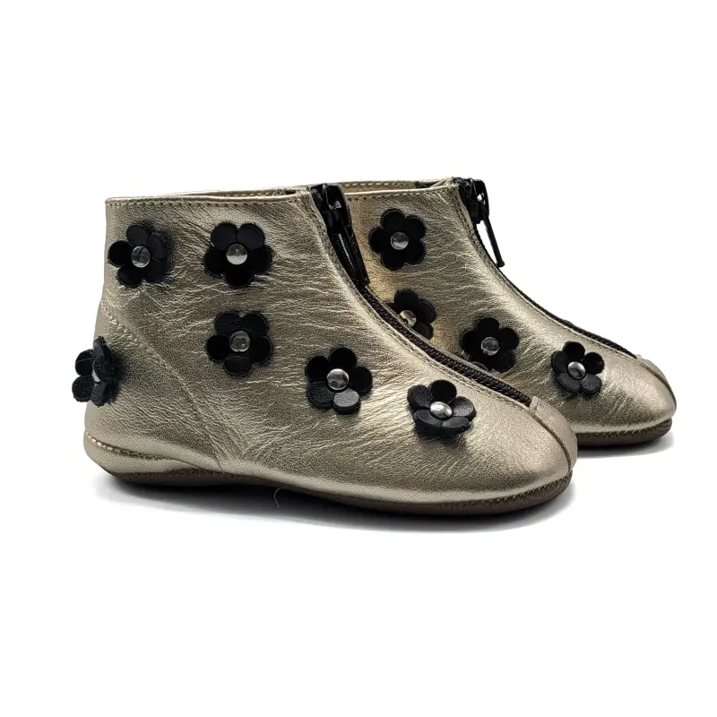 PEPE` Gold Black Floral Front Zipper Bootie
