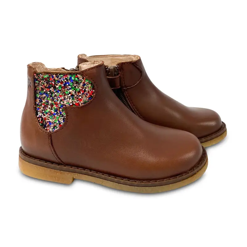 Acebos Cognac Colored Glitter Heart Leather Bootie