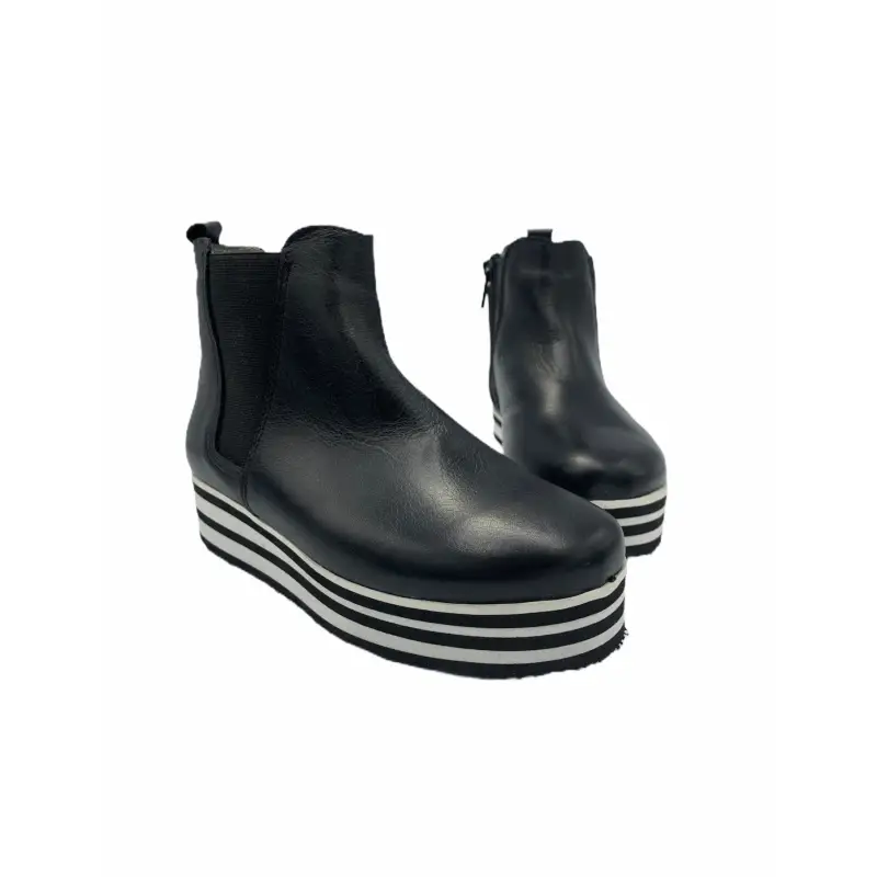Blublonc Black Leather Raised Black White Sole Side Zipper Bootie - Image 3