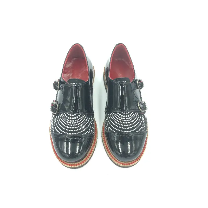 Confetti Black Patent Stud Munk Strap Shoe - Image 3