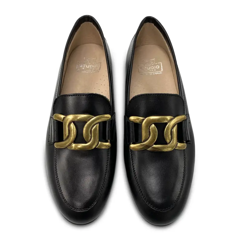 Hoo Black Leather Brushed Gold Curb Chain Slip On Loafer