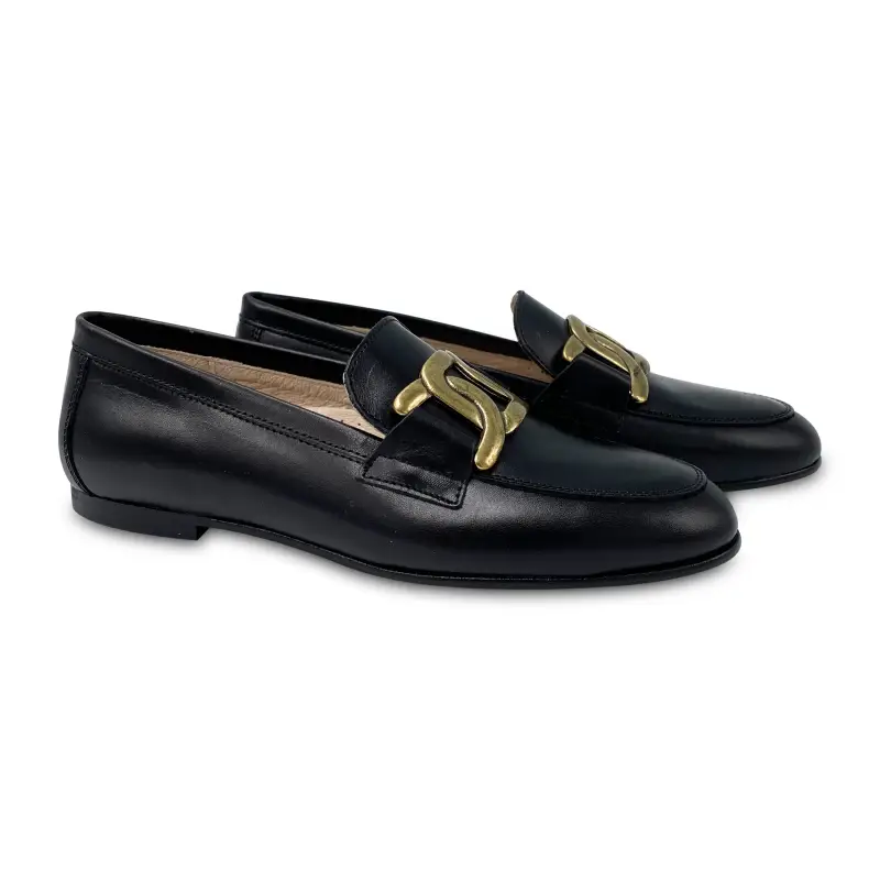 Hoo Black Leather Brushed Gold Curb Chain Slip On Loafer - Image 2