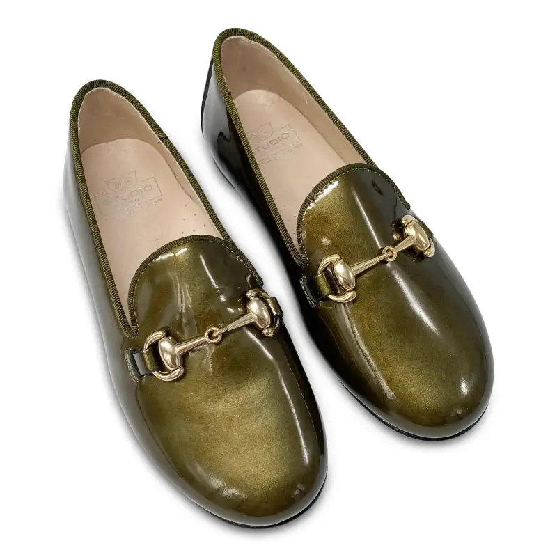 Hoo Olive Green Metallic Patent Chain Smoking Slip On - Image 2