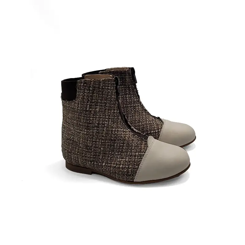 LMDI Oyster Tweed Brown Ivory Front Zipper Bootie - Image 3