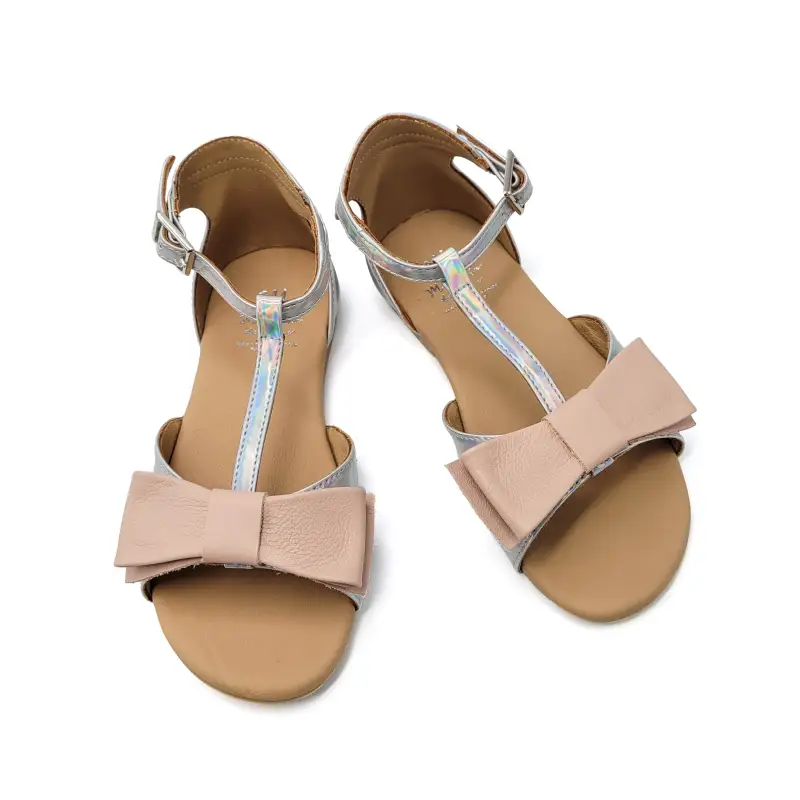 Manuela De Juan Aneka Iridescent Silver Ankle Strap Nude Bow Sandal C97 - Image 2