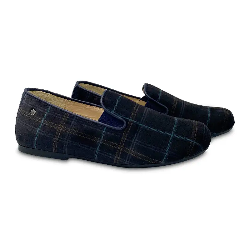 Manuela De Juan Black Blue Velvet Plaid Smoking Shoe