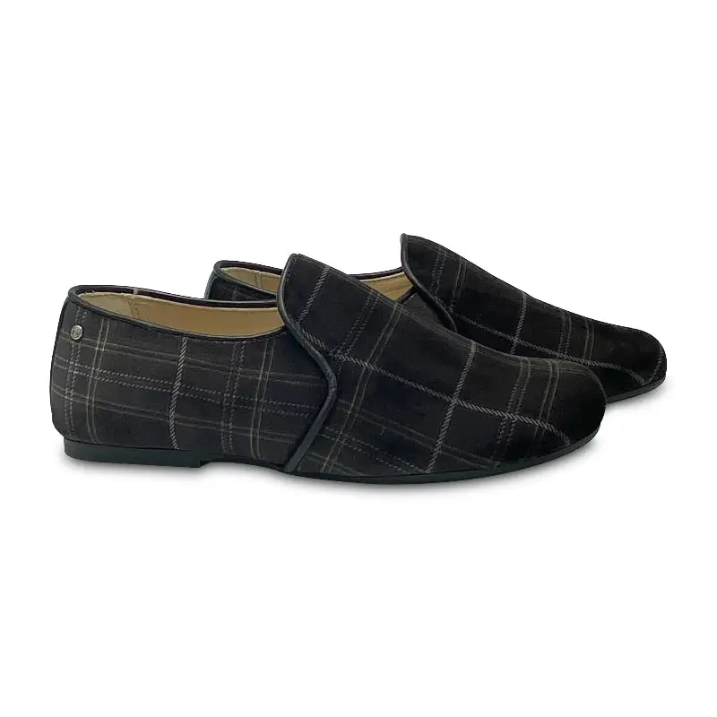 Manuela De Juan Black Grey Velvet Plaid Slip On