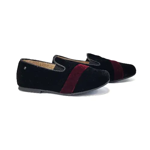 Manuela De Juan Black Velvet Burgundy Stripe Smoking Shoe S3064