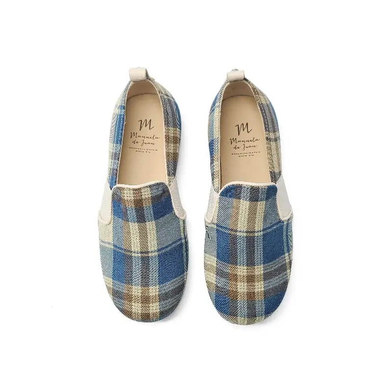 Manuela De Juan Ivory Blue Brown Plaid Smoking Slip On - Image 2