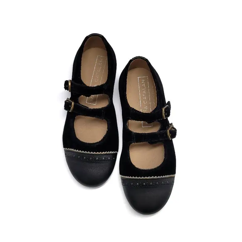 Maria Catalan Black Velvet Gold Trim Double Buckle Mary Jane - Image 2