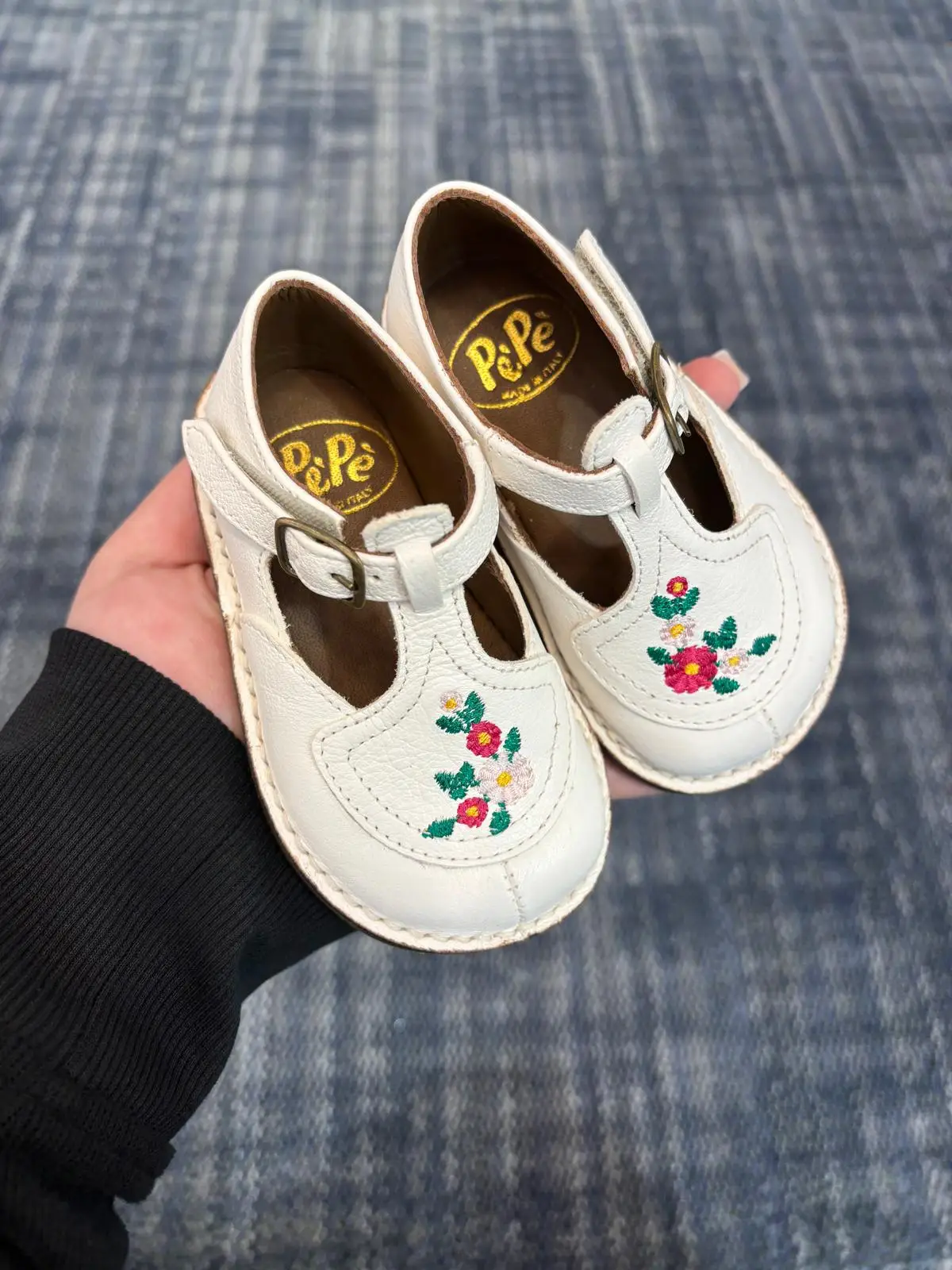 PEPE` Meg Off White Embroidered Floral T-Strap - Image 2
