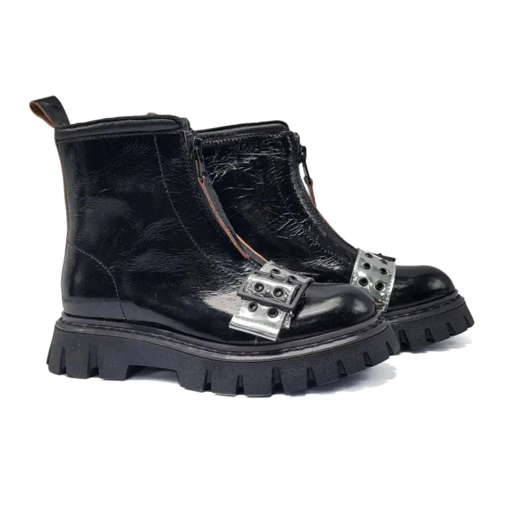 Rondinella Black Patent Silver Strap Chunky Bootie
