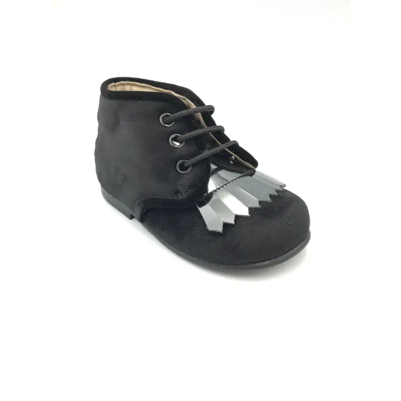 Zubii Black Velvet High Top Metallic Fringe Bootie First Walker