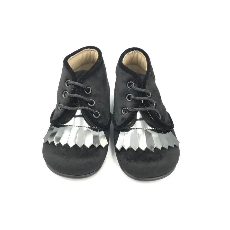Zubii Black Velvet High Top Metallic Fringe Bootie First Walker - Image 3